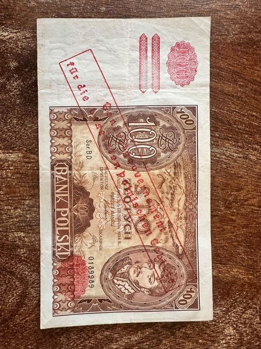 Banknot obiegowy 100 zł 1934 przedruk generalna gubernia GG fałszywy znak wodny