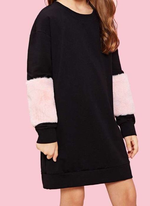 Black SHEIN Dress with Pink Faux Fur Sleeves, Like New - Ages 7-8 - Shipping Included