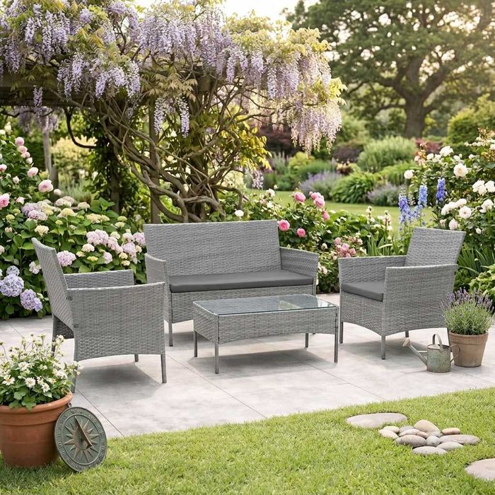 NOWY Zestaw Mebli Ogrodowych Technorattan Sofa 2 Fotele Stolik Komplet Wypoczynkowy Na Taras Balkon Ogród Poduszki Szklany Blat