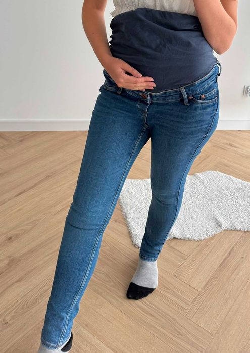 H&M niebieskie skinny high rib mama spodnie ciążowe jeansy na gumce 40 l
