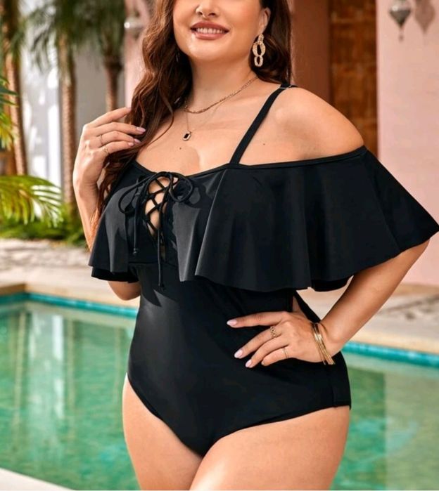 Купальник сдельный большого размера с воланом на плечах XXXL