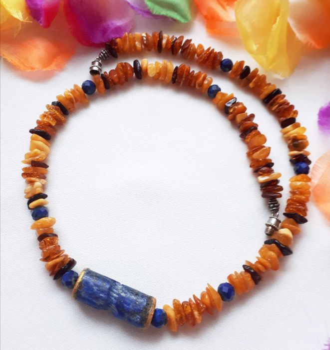 Naszyjnik z bursztynami i lapis lazuli, handmade