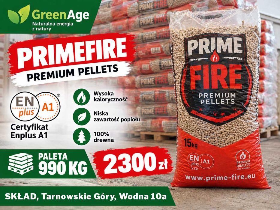 Pellet PRIME FIRE Premium - Certyfikat ENPlus A1 - Worki 15KG - na palecie 66 sztuk - 990 KG - Hit