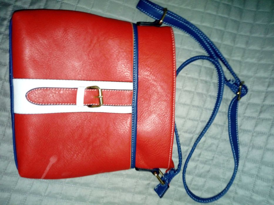 Mala vermelha, azul escuro e branca, com diversas bolsas.