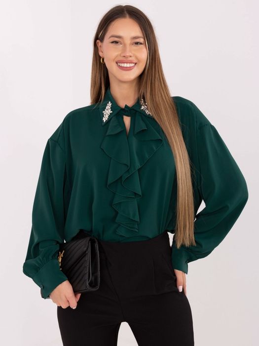 Bluzka elegancka ciemnozielona z żabotem i ozdobnym kołnierzem