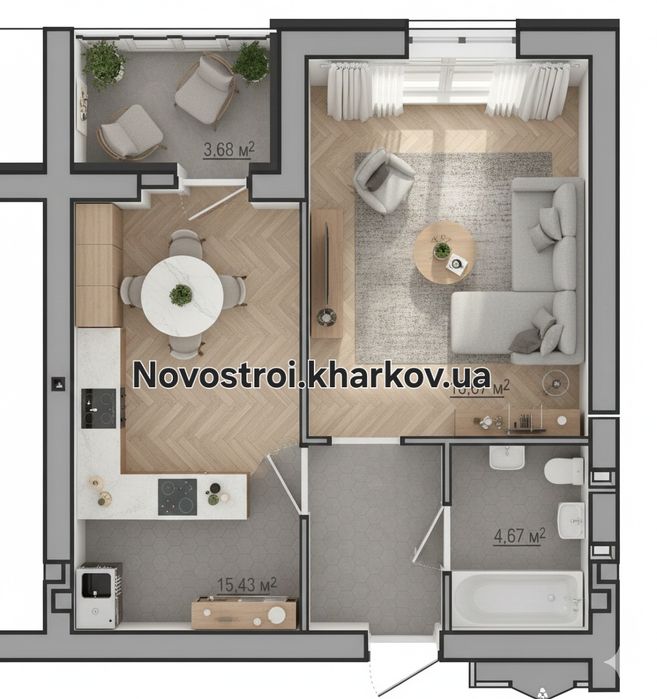 Квартира 1-комнатная Сказка-Лучшая планировка и цена за  43м2