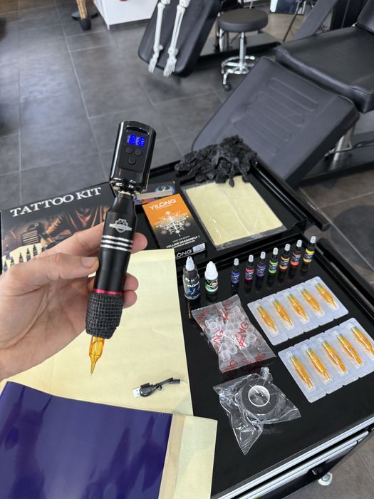 Kit Tatuagem Sem Fios COMPLETO com Pele Treino, Tintas, Stencil, etc..
