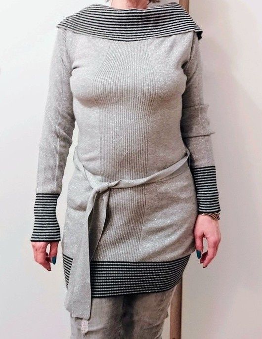 Select Golf tunika długi sweter z paskiem Szaro srebrny czarne paseczk