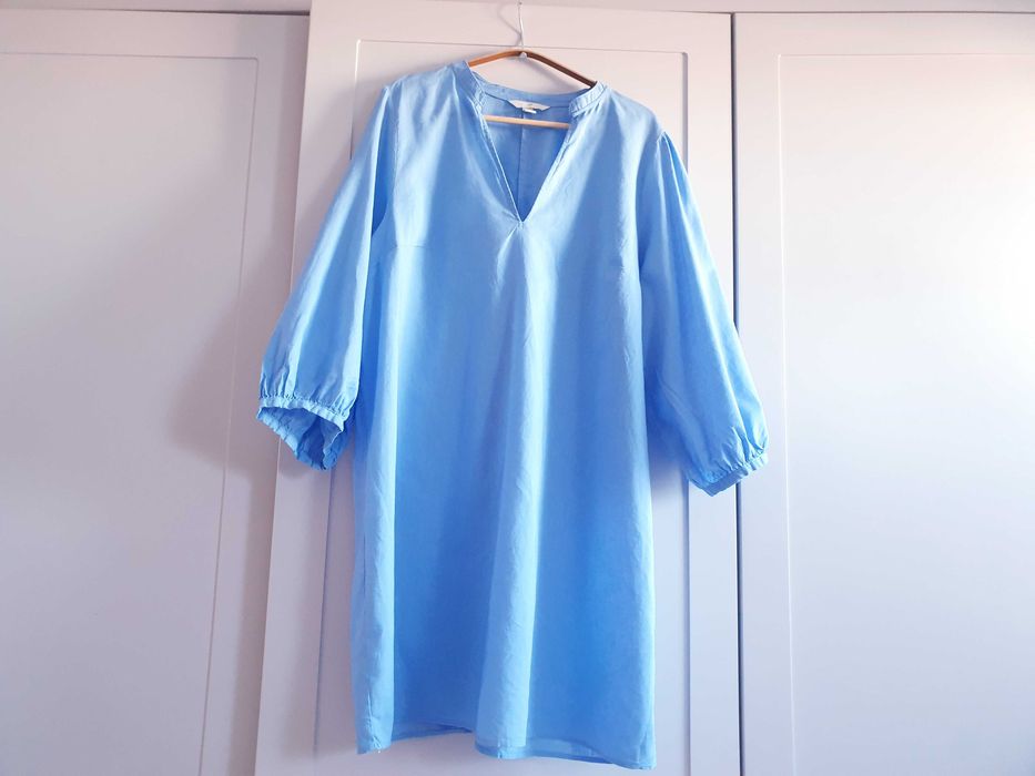 Niebieska lniana bluzka tunika sukienka H&M 44 46