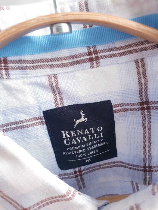 Biała lniana koszula w kratkę kratę 109% len Renato Cavalli M męska