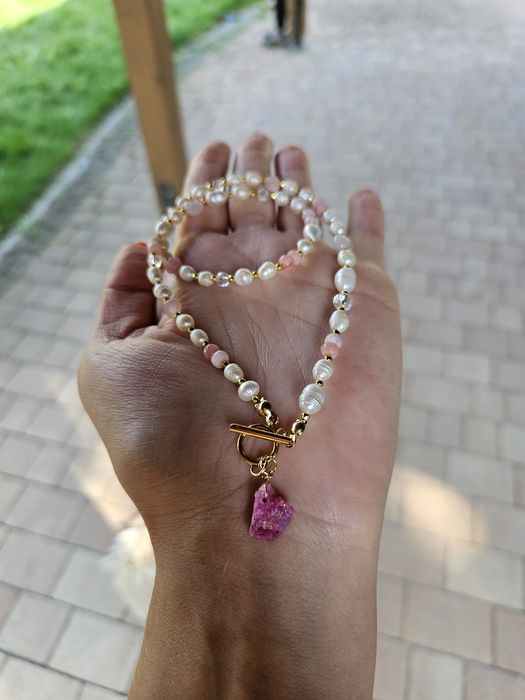 Naszyjnik kamienie naturalne Perły naturalne Opal peruwiański Kwarc