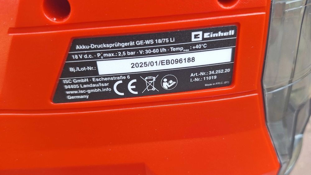 Opryskiwacz akum Einhell GE-WS 18/75 Li 2,5 bar Powystawowy