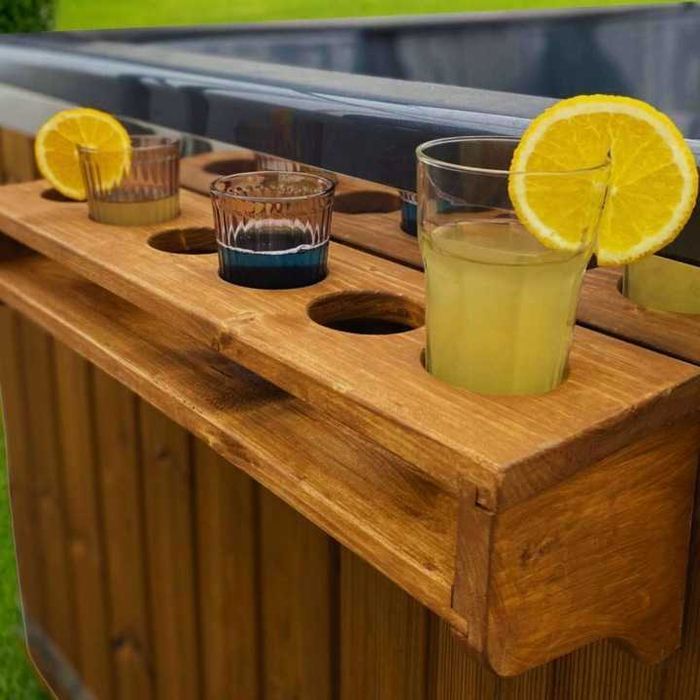 DREWNIANA PÓŁKA minibarek DO BALII ogrodowej | Poleczka do jacuzzi | Stolik na napoje ruskiej bani | Polka na drinki do wanny SPA Półeczka bali BAREK