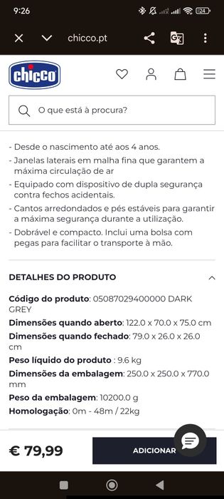 Berço de Viagem Chicco Azul – Dobrável e Portátil