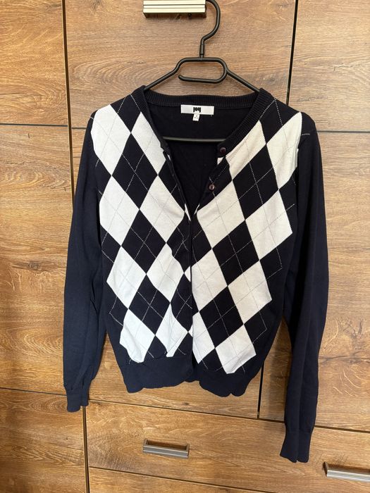 Sweterek w romby geometryczne wzory rozmiar s marka joy granatowy bial