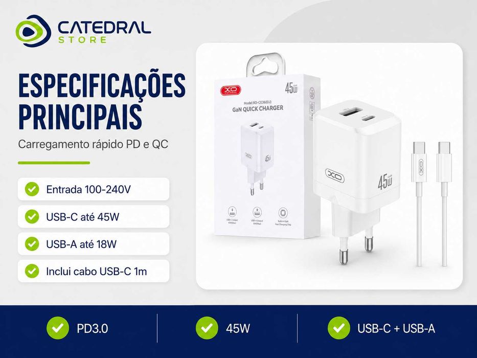 Carregador XO 45W GaN com Cabo USB-C – USB-C + USB-A – Novo