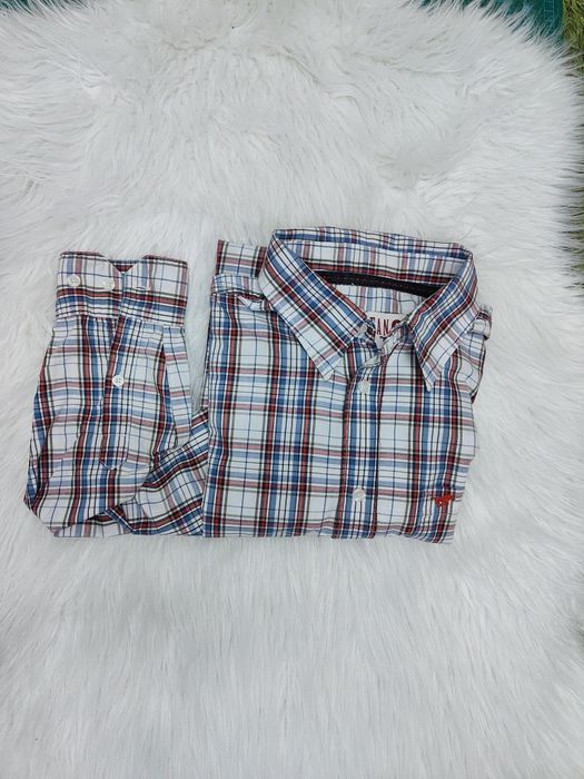 Męska koszula bawełniana elegancka w kratkę długi rękaw vintage M L