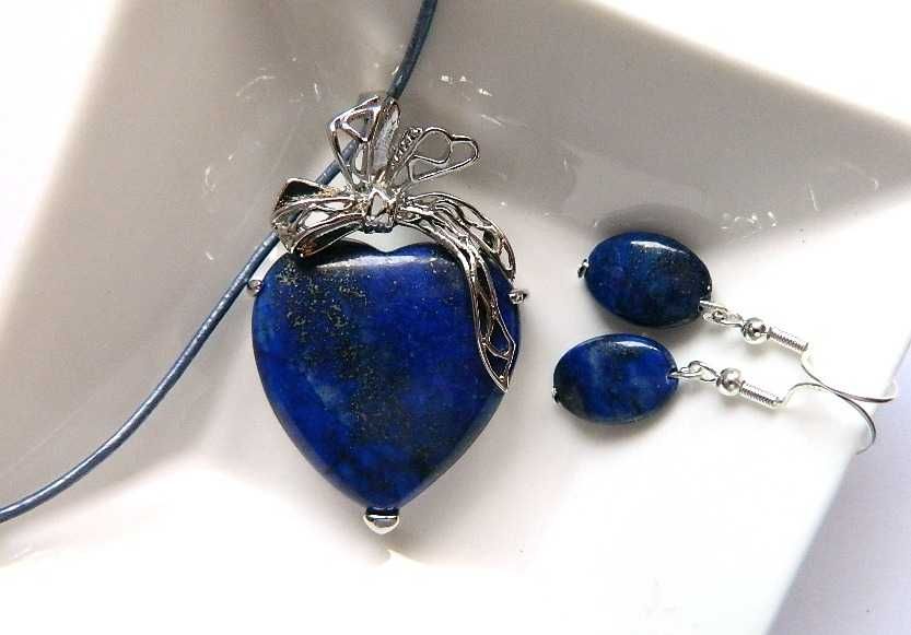 Lapis lazuli z pirytem, wisior serce i kolczyki, zestaw
