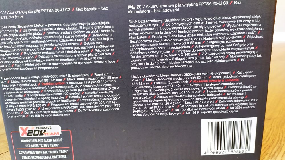 Pilarka wgłębna firmy Parkside Performance PPTSA 20-Li C3