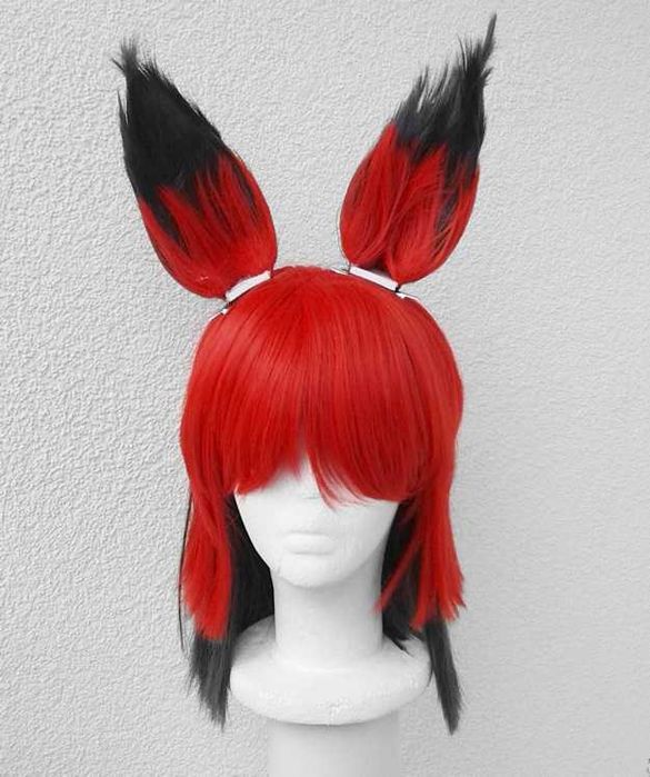 Alastor Hazbin Hotel czerwona peruka cosplay wig z uszkami uszami