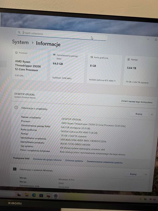 Mocny Komputer Gaming Threadripper 2920X 12Core 32GB RAM 4060TI 2x 2TB NVME WIFI