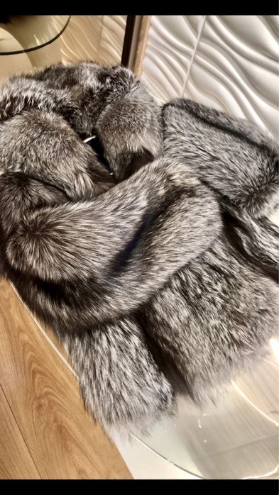 NOWE Premium Futro fox fur bomber z kapturem lis srebrny