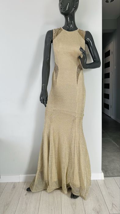 Długa złota suknia gorsetowa balowa z cekinami