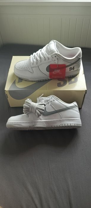 SB Dunk Low x Supreme 94 White Mettallic Silver