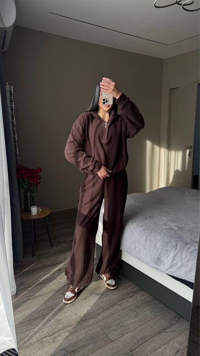 Женский зимний костюм ФЛИСОВЫЙ 42-46 коричневый свободный прямые штаны