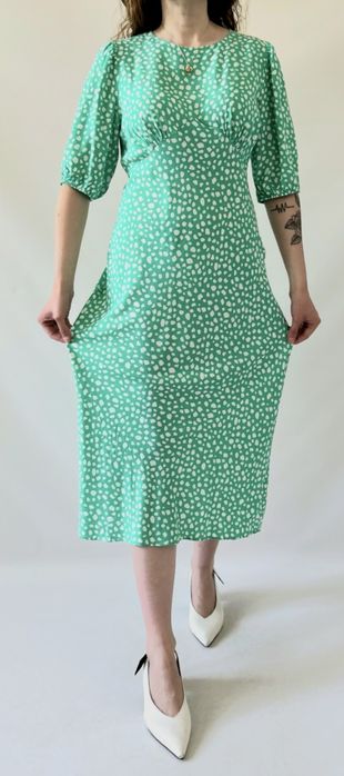 Sukienka maxi dluga vintage M 38 L 40 w groszki zielona wiskoza bufki