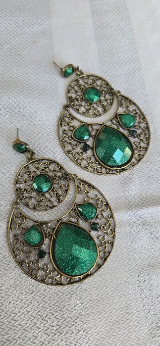 Kolczyki boho XXL zielone szmaragdowe ażurowe złote glamour vintage