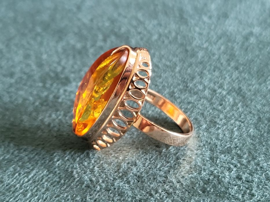 Pierścionek bursztyn złoto 583 duży vintage retro