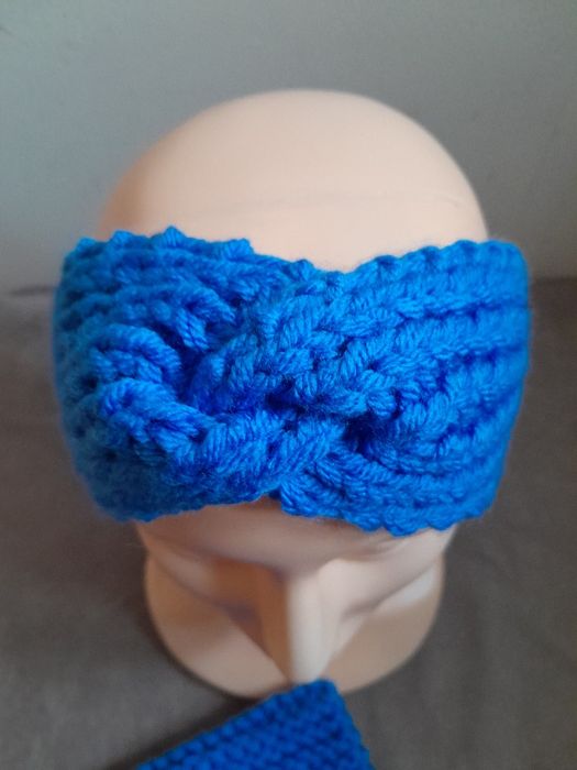 Opaska mitenki niebieskie komplet handmade boho ciepły zestaw damski