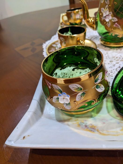 Хрусталь Богемия лепка кофейний сервіз зелений  на 6 персон