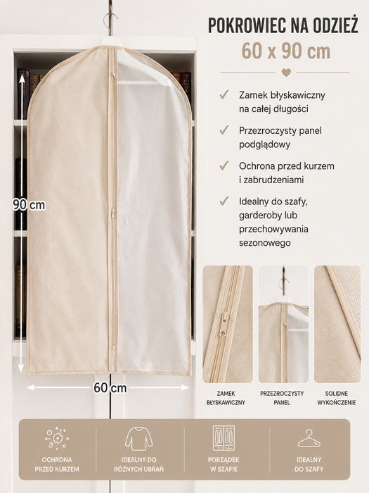 Pokrowiec na odzież do szafy 60 × 90 cm – kremowy, na suwak