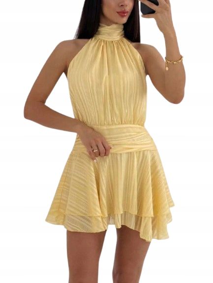Shein żółta sukienka elegancka wesele mini z stójką i plisowaniem 40/42 1ka