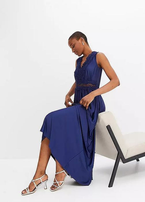 B.P.C sukienka granatowa maxi z ażurową koronką r.36/38