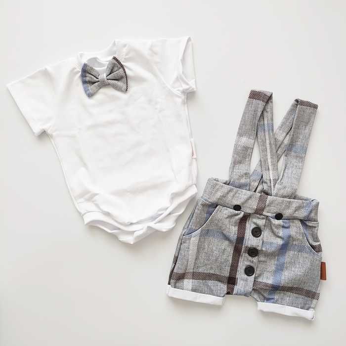 Elegancki szary KOMPLET szorty body, letni garnitur niebieska krata 74