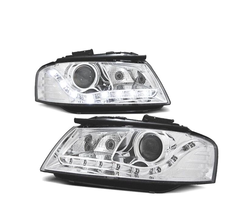 FARÓIS AUDI A3 8P 03-08 FUNDO CROMADO LUZ DIURNA LED