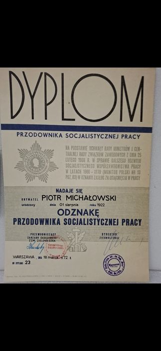 Dyplom Przodownika Pracy Socjalistycznej 1972r