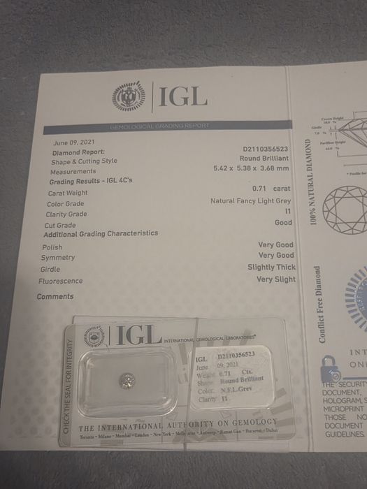 Diament naturalny 0.71 ct – certyfikat IGL – OKAZJA