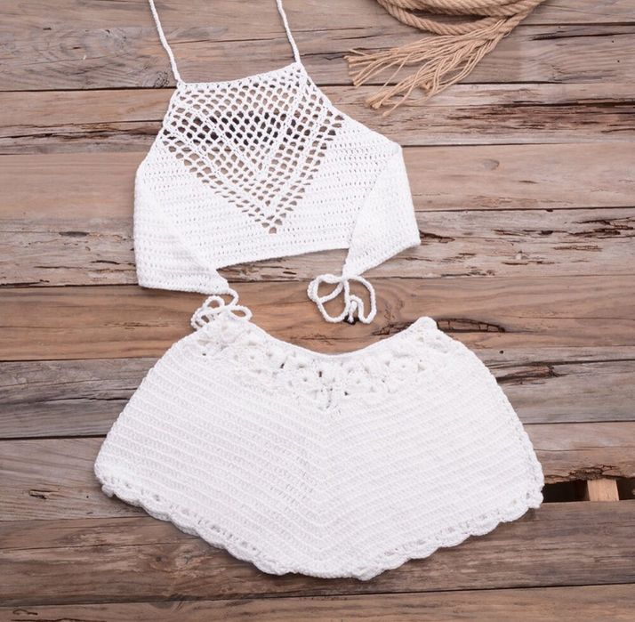Комплект! Кроп топ вязаный и шорты для пляжа