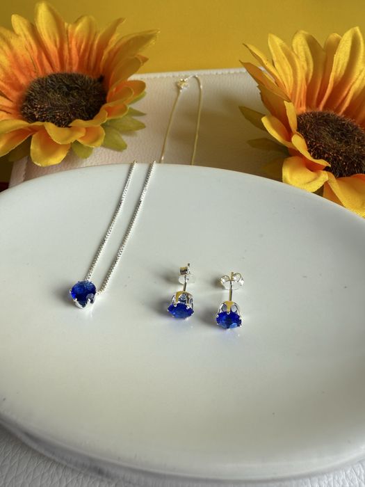 Conjunto pendente mini quadrado azul folheado a prata