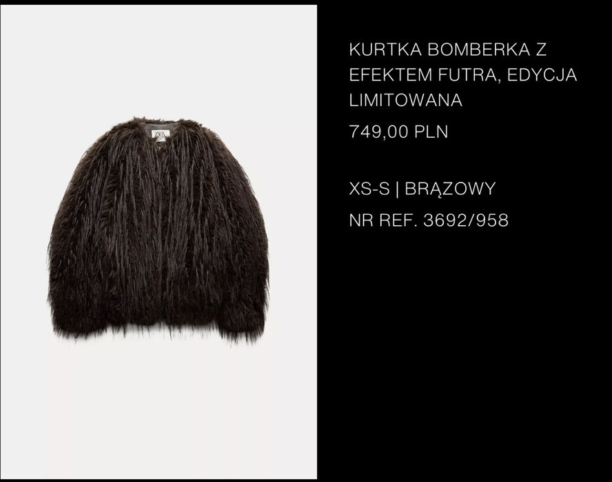 Zara kurtka bomberka z efektem futra xs-s brąz