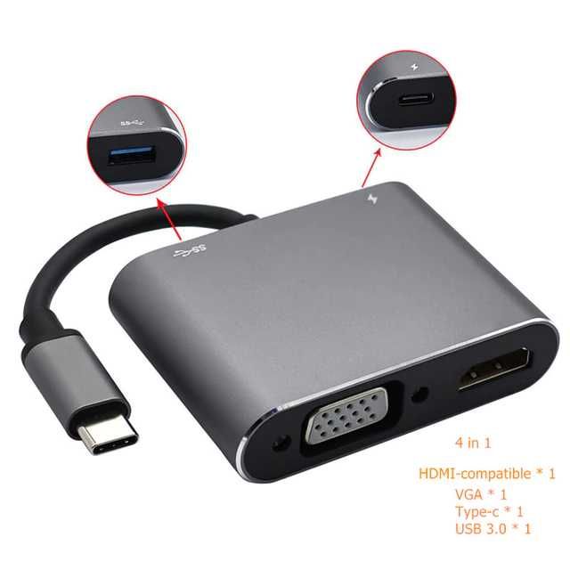 Адаптер USB type-C 4 в 1 на HDMI VGA USB 3.0 и USB-C хаб переходник