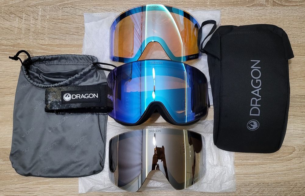 Gogle Dragon PXV nowe, 3 szyby, 2 futerały na narty snowboard