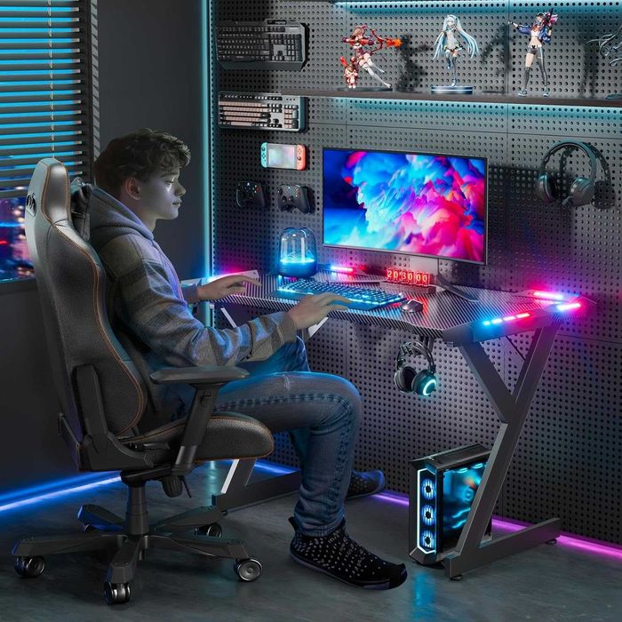Nowe biurko gamingowe / 100x60cm / komputerowe / LED / carbon / W577!