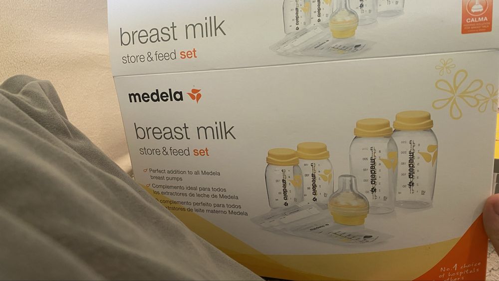 Frascos medela e tetina calma com sacos de armazenamento