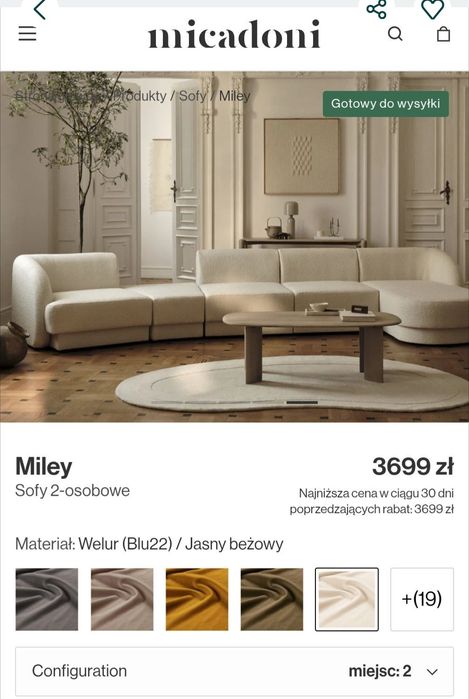 Sofa biała kremowa welur modułowa