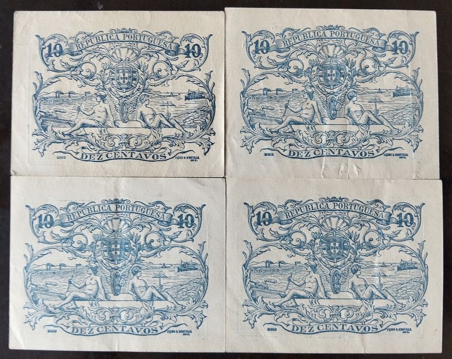 Lote 4 Cédulas 10 Centavos 1917 Portugal 3 Delas Com Mesma Série "EX" Novas